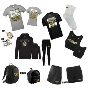 CIA Cheer Inc Allstars Cheersport Training Sport Cheerleading Bundle Girls Seasonshirt Vereinsshirt Hoodie Socken Sport Bra Leggings Rucksack Skort Pro Short